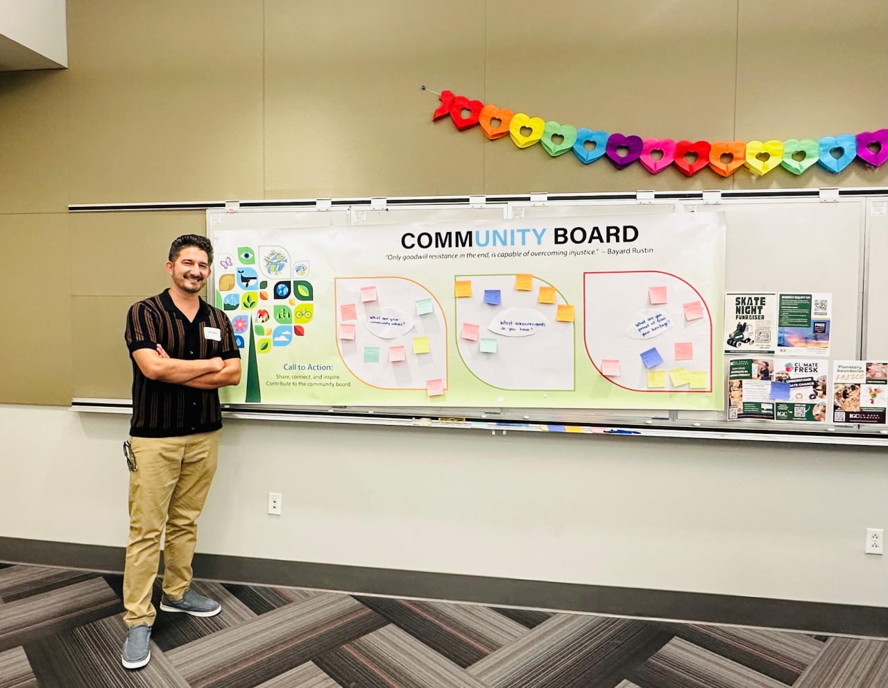 Mustafa Sharifi standing in front of a community board, San Diego