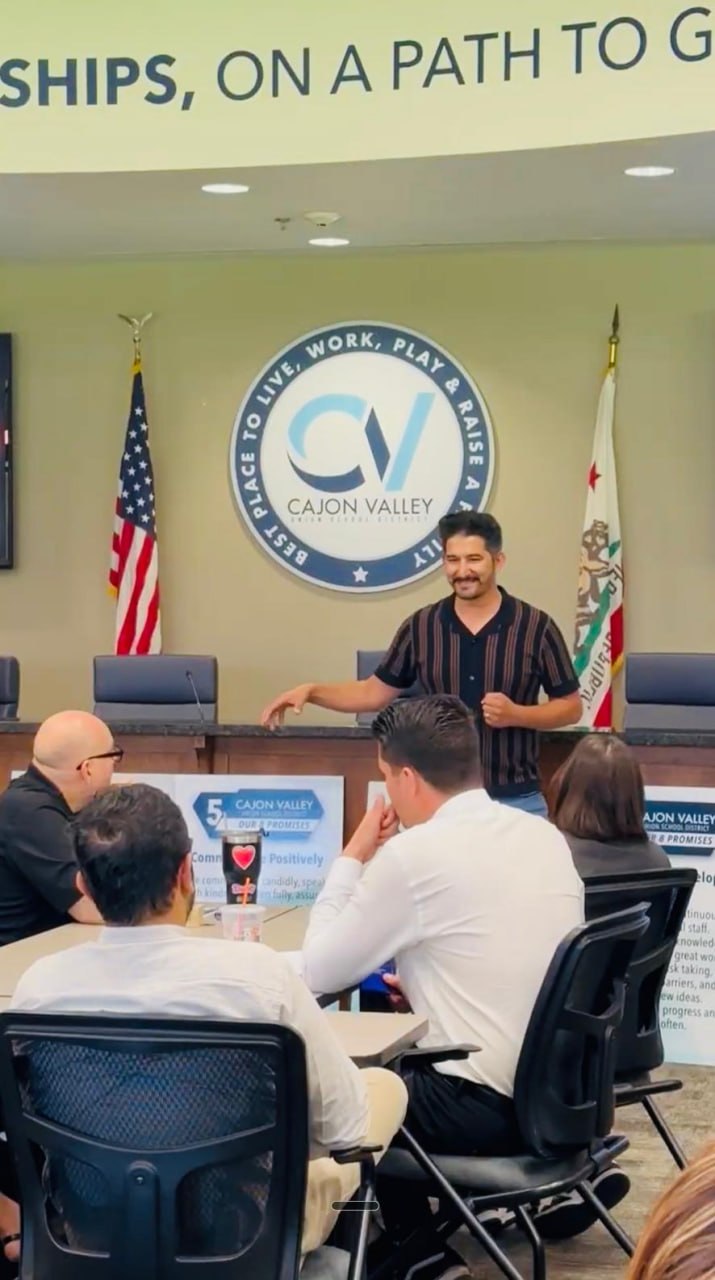 Mustafa Sharifi speaking at the Cajon Valley School District chamber